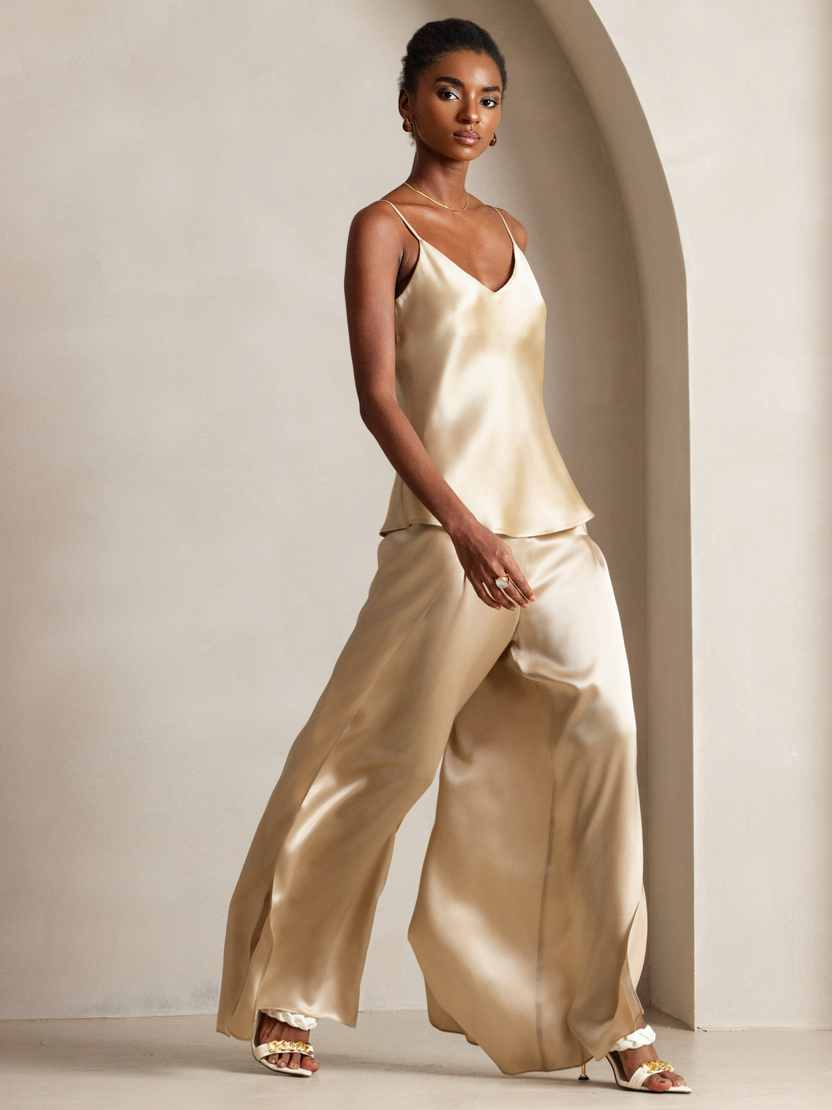 [Champagne] SilkSilky  Pure Silk V Neck Camisole Top 005