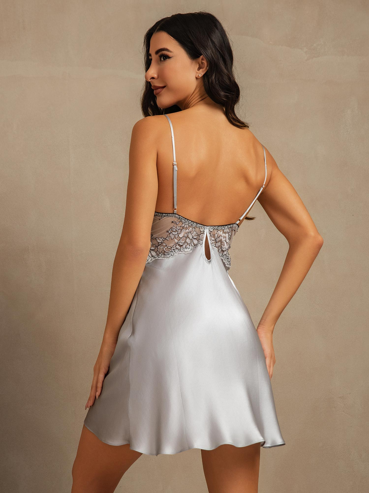 [Grayish Blue] SilkSilky  Pure Silk Deep V Neck Nightgown 002