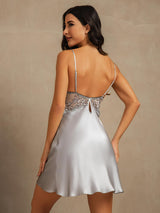 [Grayish Blue] SilkSilky  Spaghetti Strap V Neck Nightgown 002