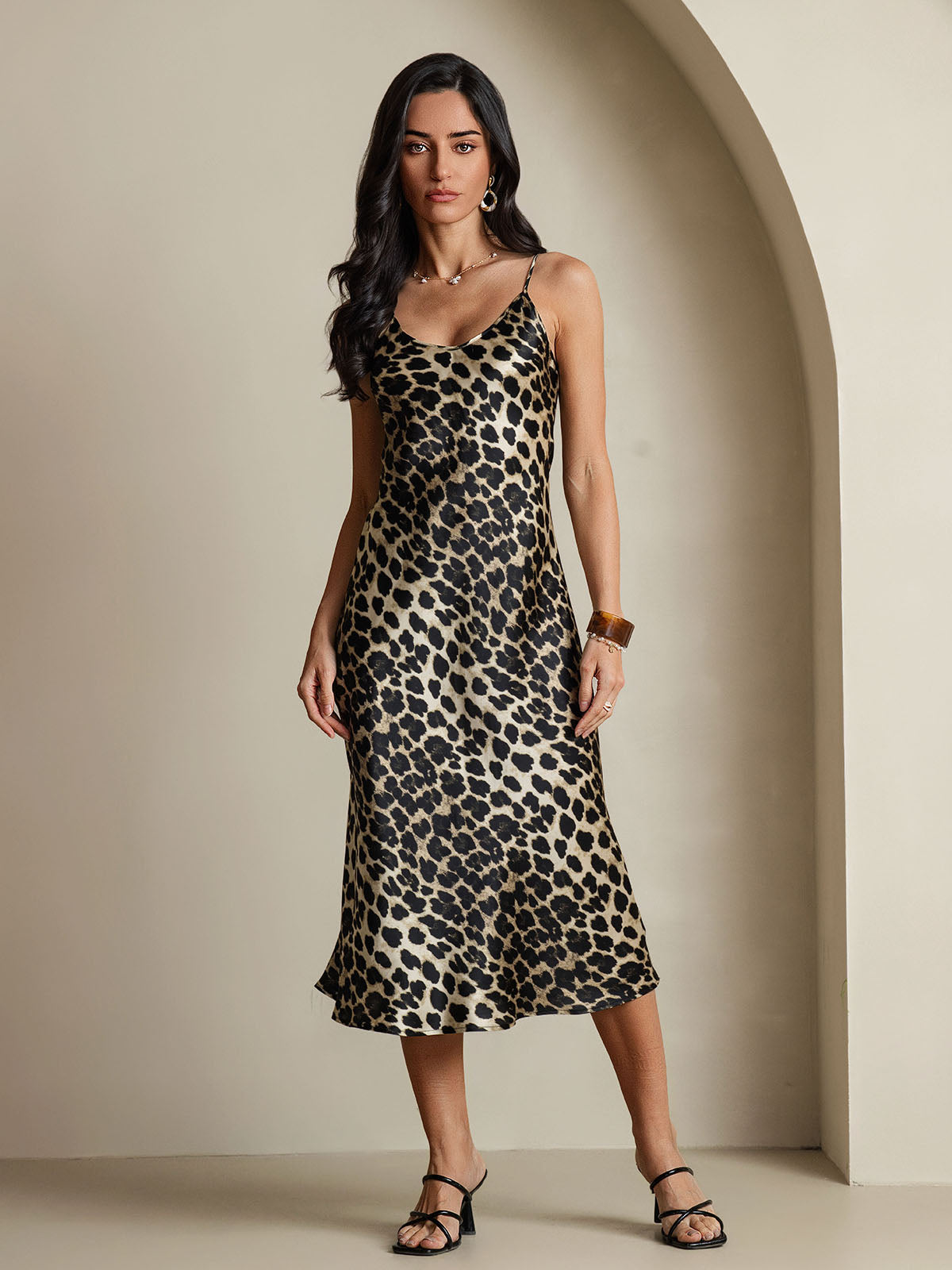 SilkSilky  Pure Silk Sleeveless Boat Neck Nightgown Leopard 001