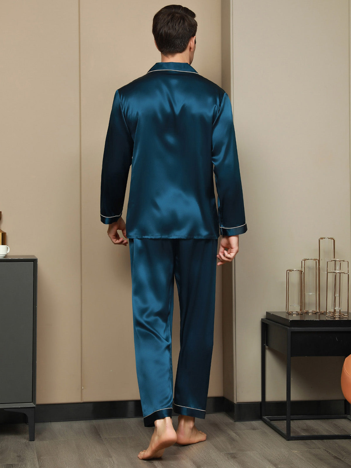 SilkSilky US 19Momme Pure Silk Long Sleeve Lapel Men's Pajamas Teal 002