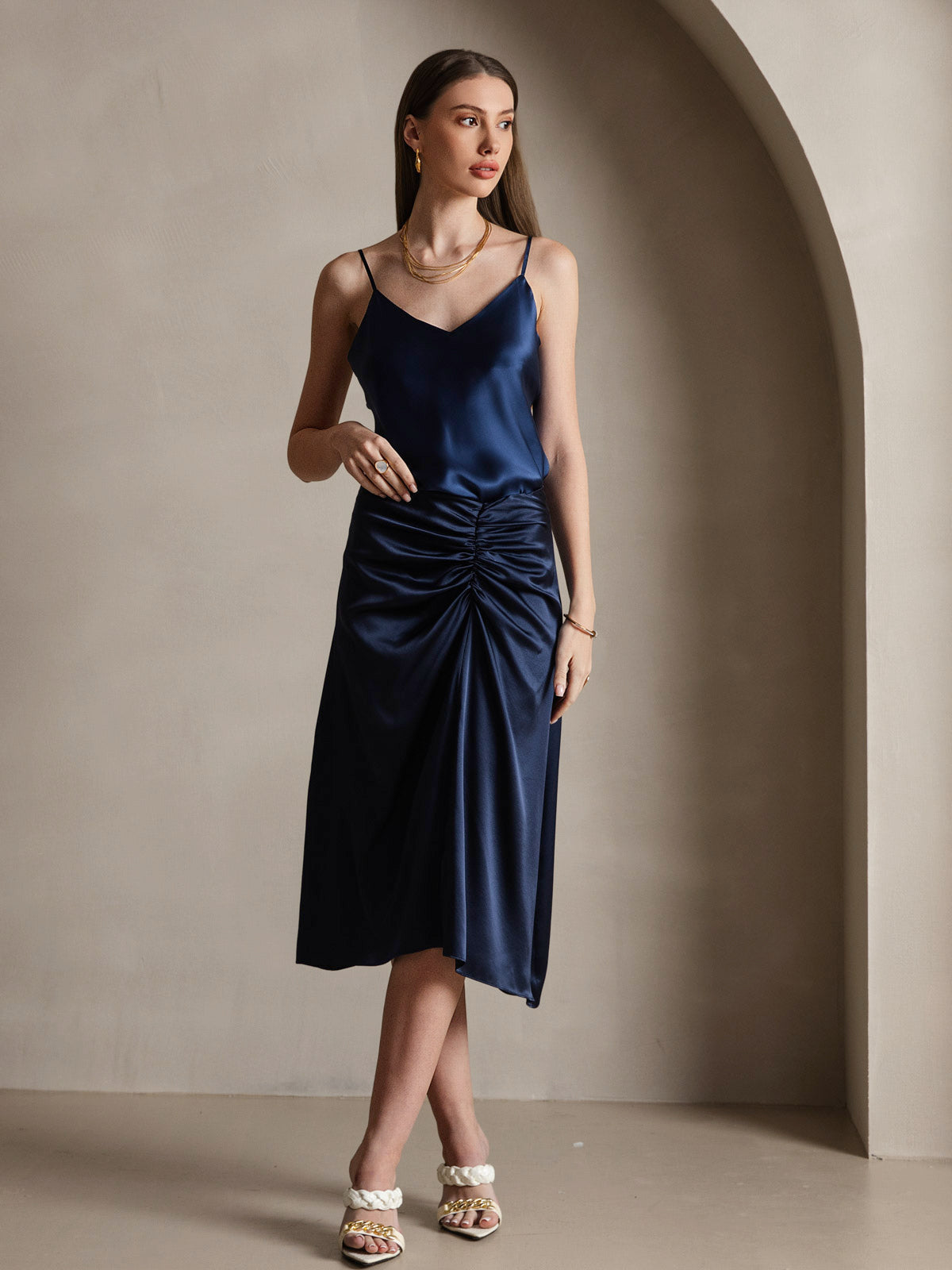 [Dark Blue] SilkSilky  Pure Silk V Neck Camisole Top 005