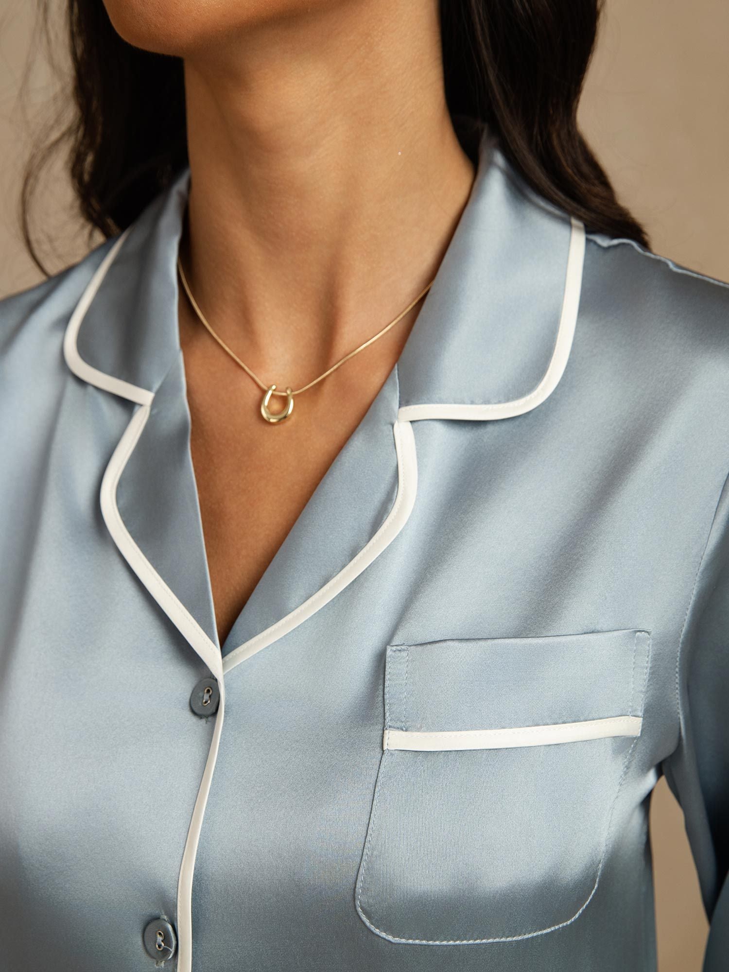 [GrayishBlue] SilkSilky Pure Silk Lapel Collar Women's Pajamas 004