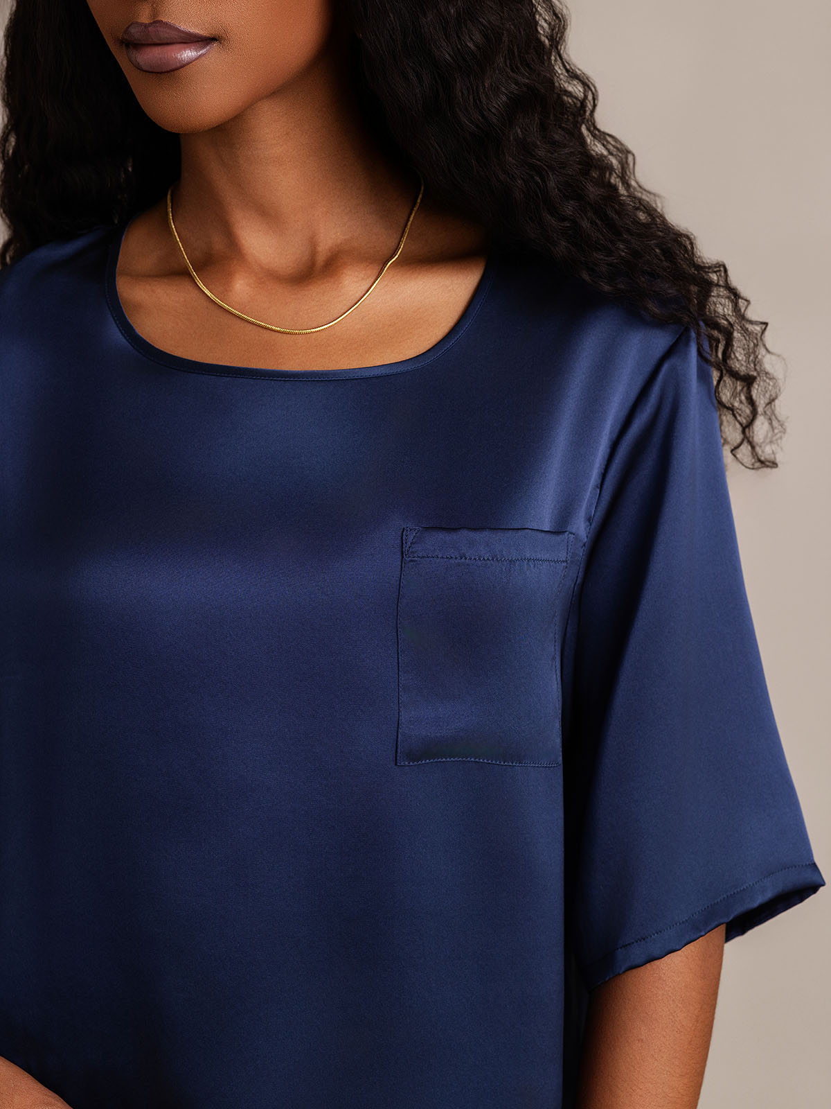 [Dark Blue] SilkSilky  Pure Silk Round Neck Women's Pajamas 008
