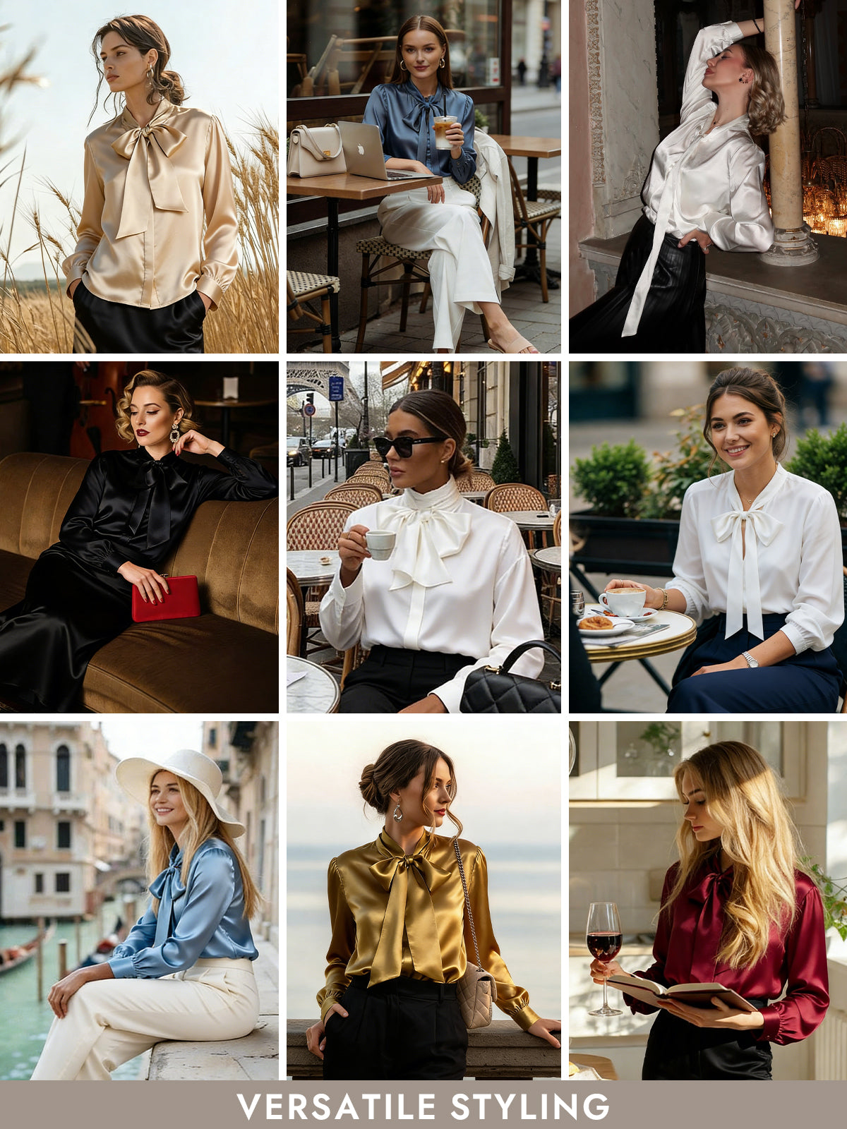 [White] SilkSilky  19Momme Silk Long Sleeve Tie Neck Blouse 009