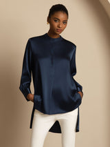 [Dark Blue] SilkSilky  19Momme Stretch Silk Charmeuse Long Sleeve Stand Collar Blouse 007