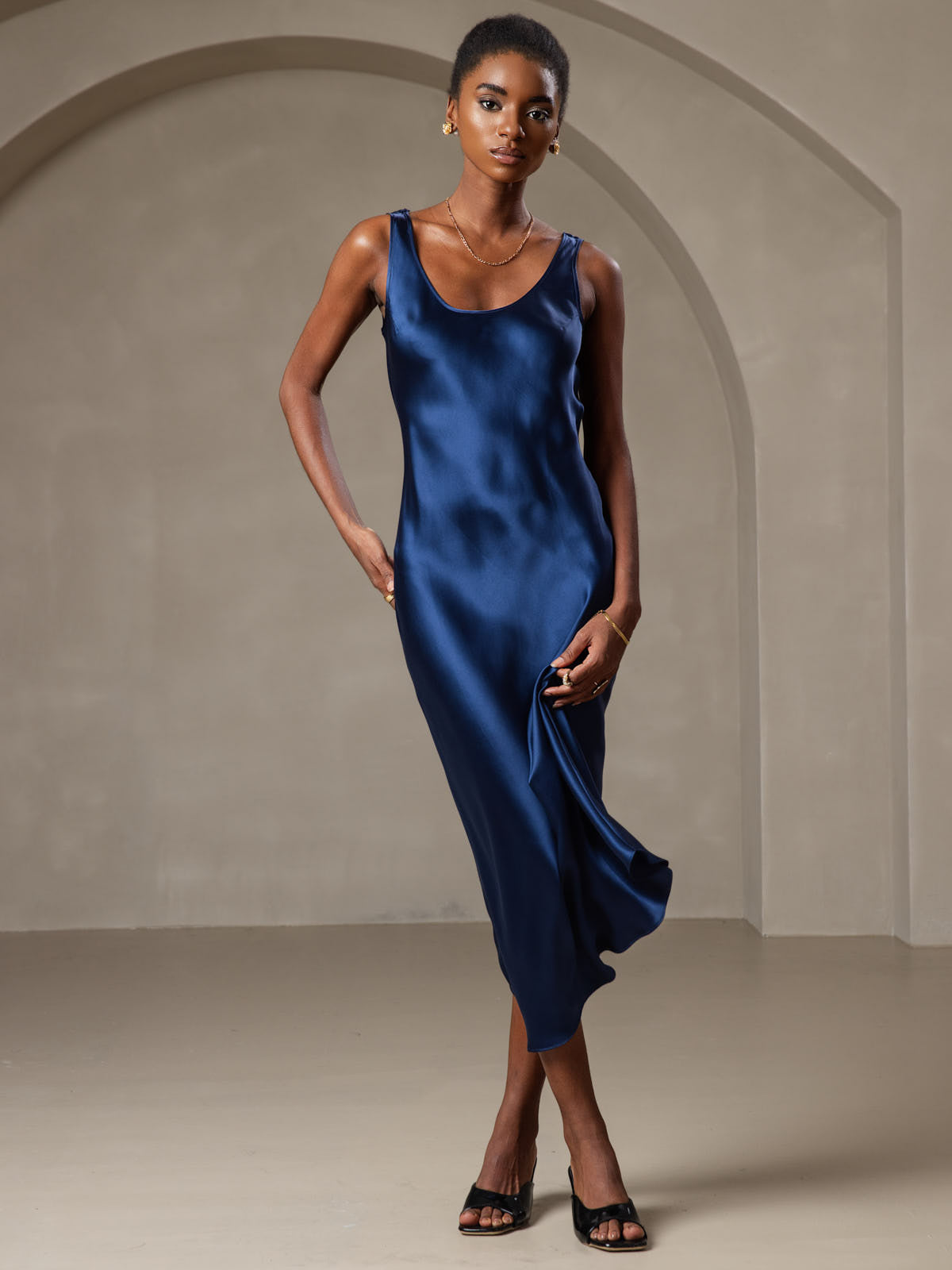 SilkSilky 100% Mulberry Silk Sleeveless U Neck Midi Long Dress, Dark Blue / S(6)
