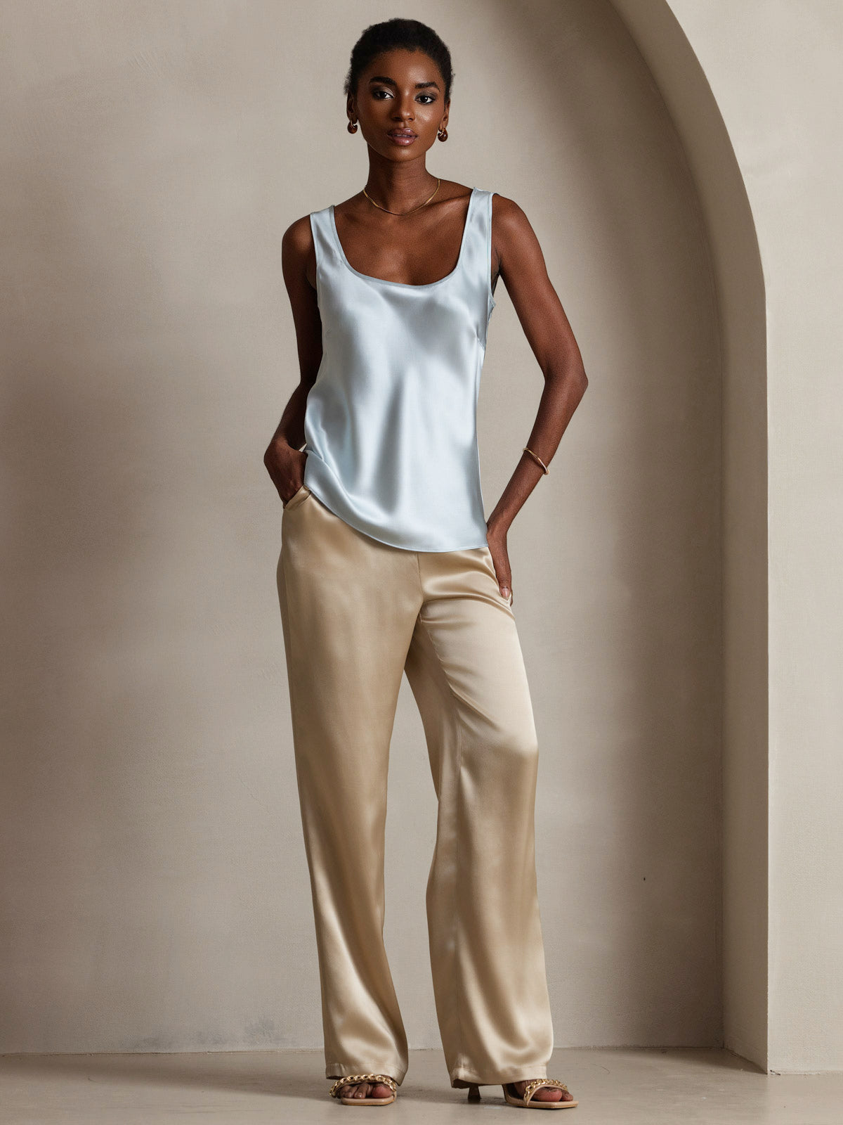 [Light Blue] SilkSilky  19Momme Silk U Neck Camisole Top 008