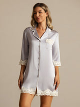 [Lavender] SilkSilky  Pure Silk Lapel Collar Nightshirt 009
