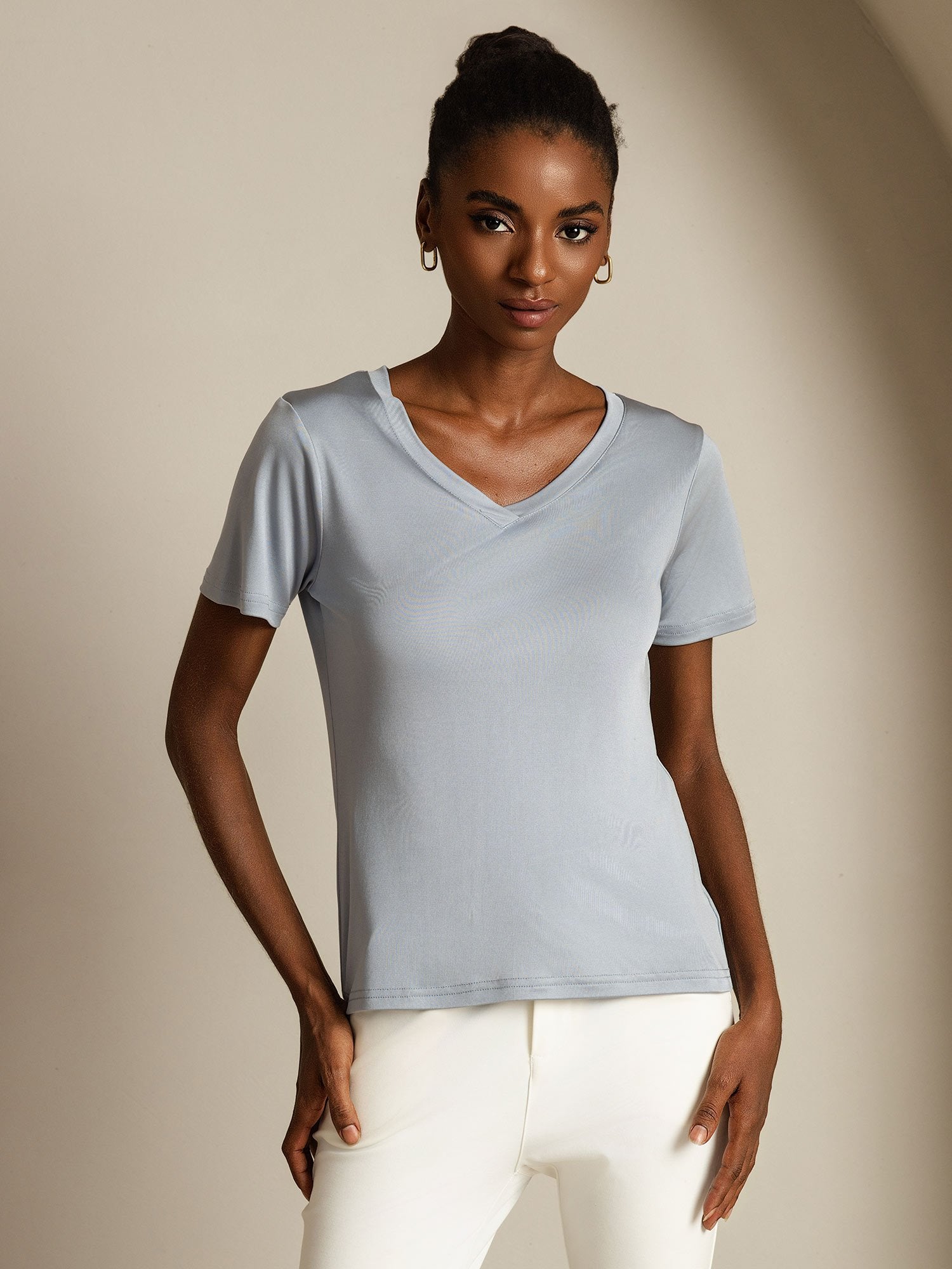 [LightGray] SilkSilky Pure Silk V Neck Women's T-Shirt 003