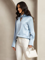 [Grayish Blue] SilkSilky  19Momme Silk Keyhole Neck Women's Shirt 007