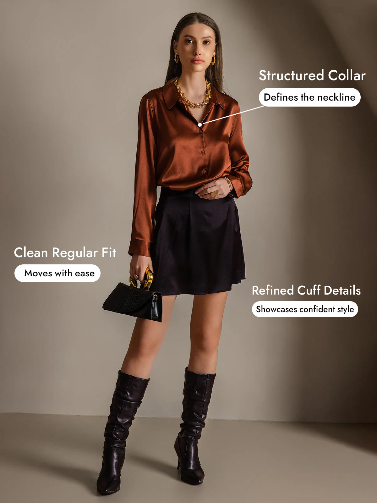 [Caramel] SilkSilky  Silk Long Sleeve Lapel Collar Women's Shirt 005