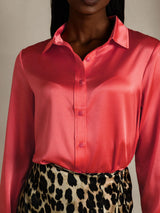 [Imperial Red] SilkSilky  19Momme Stretch Silk Charmeuse Long Sleeve Lapel Collar Women's Shirt 009
