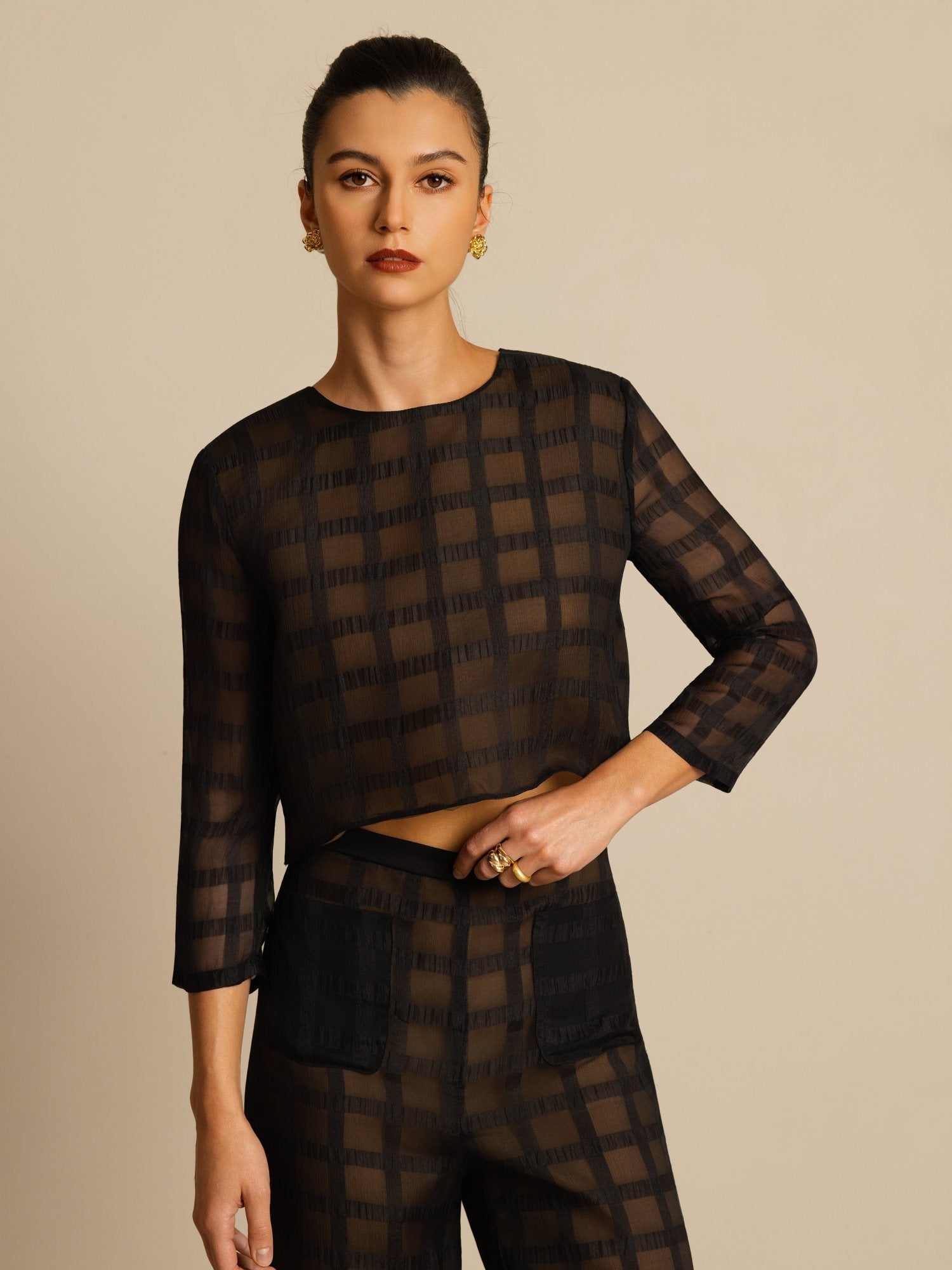 [Black] SilkSilky Pure Silk Long Sleeve Round Neck Women''s Outfit Sets 006