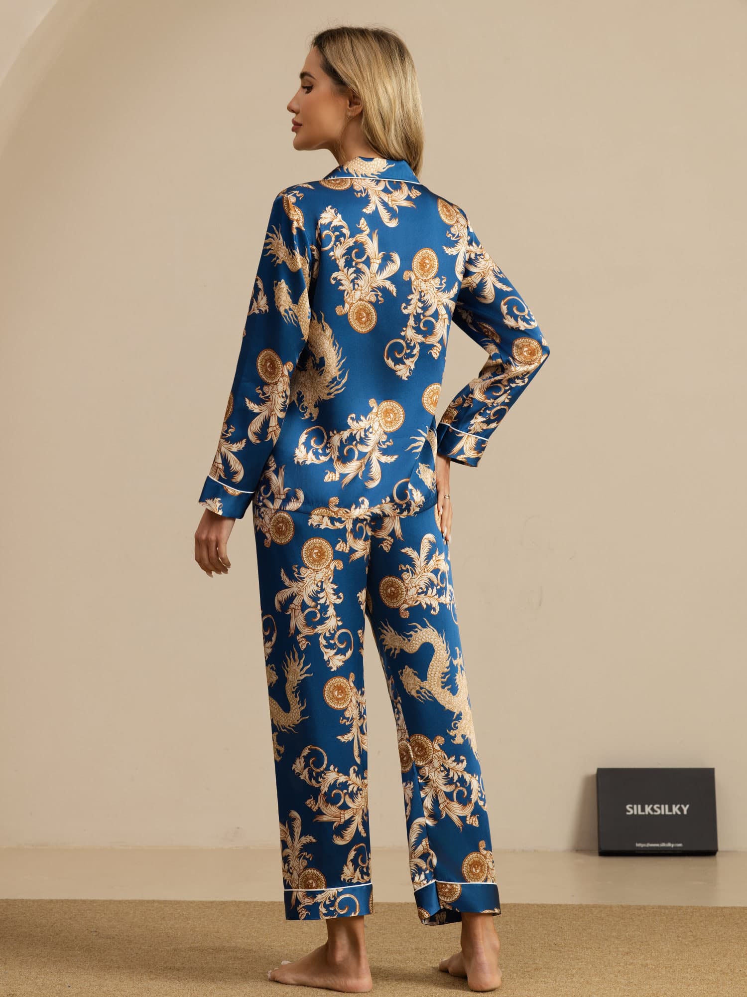 [Navy Dragon] SilkSilky  Long Sleeve Notch Collar Women's Pajamas 002
