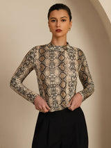 [Snakeskin] SilkSilky 100% Silk Jersey Long Sleeve Mock Neck Women's T-Shirt 004