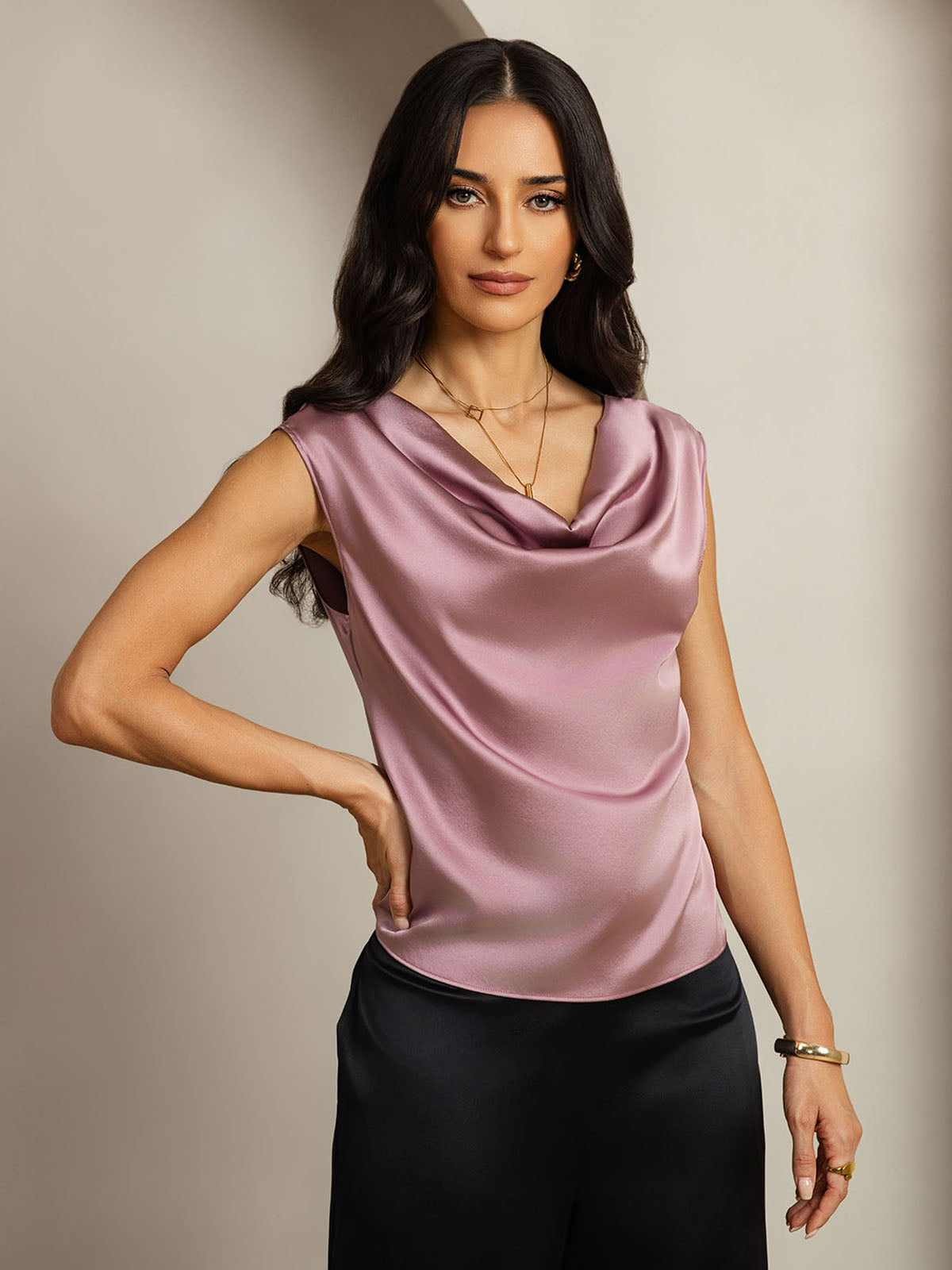 [Pale Mauve] SilkSilky  19Momme Silk Cowl Neck Women's T-Shirt 001