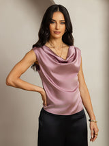 [Pale Mauve] SilkSilky  19Momme Stretch Silk Charmeuse Cap Sleeve Cowl Neck Women's T-Shirt 004