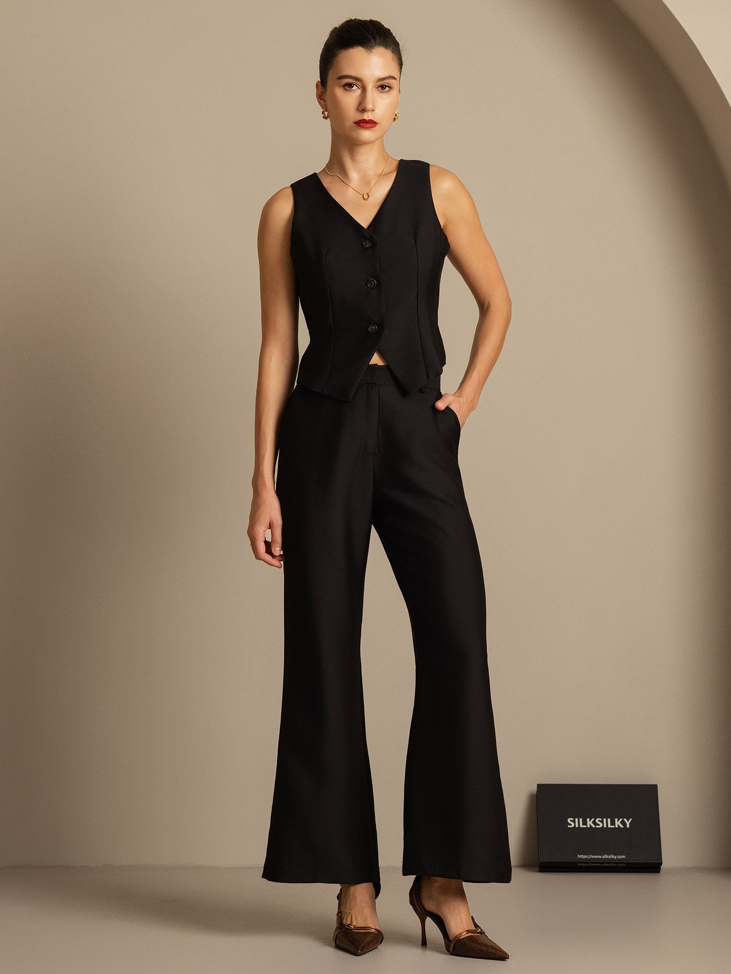 [Black] SilkSilky  32Momme Silk Womens Pants 004,