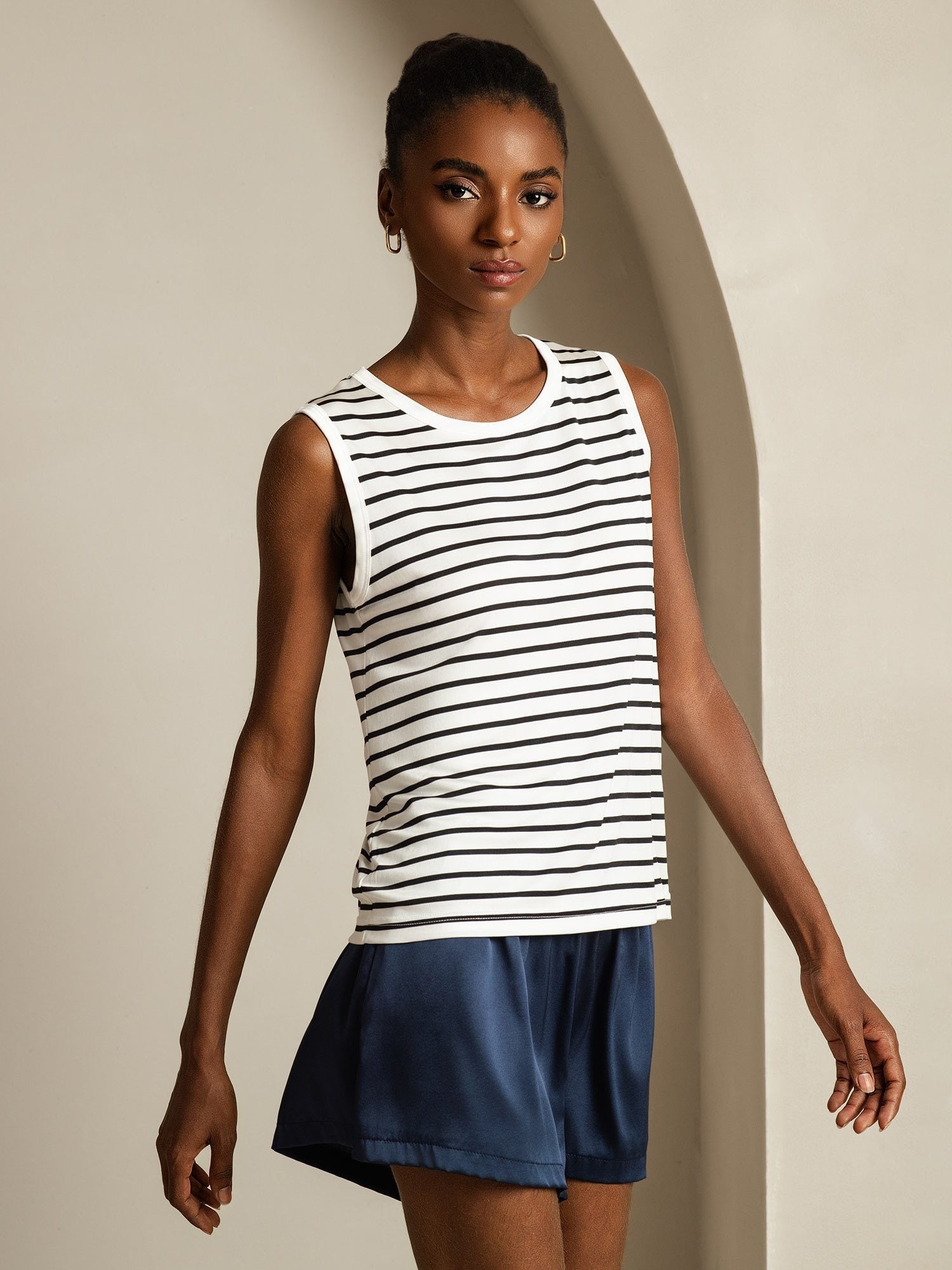 [White Stripe] SilkSilky  Silk Sleeveless Round Neck Camisole Top 003