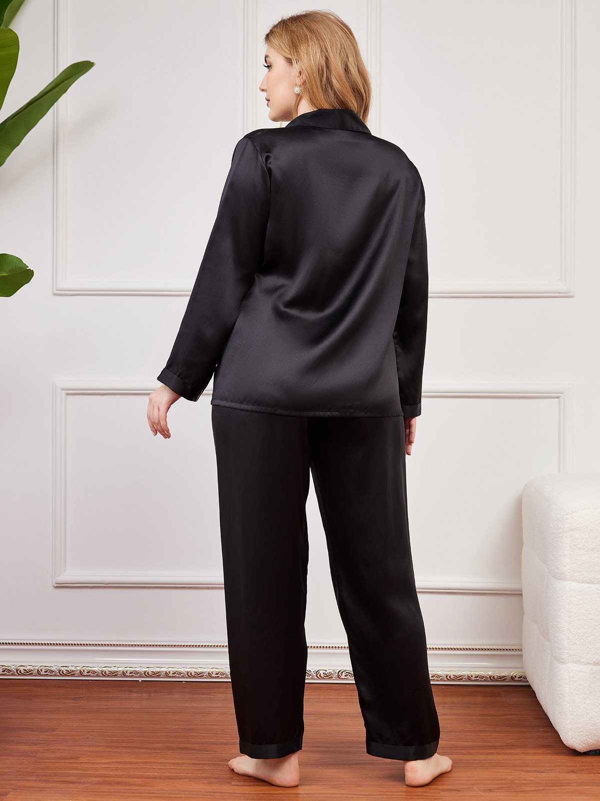 SilkSilky US Pure Silk Long Sleeve Lapel Plus Size Pajamas Black 002