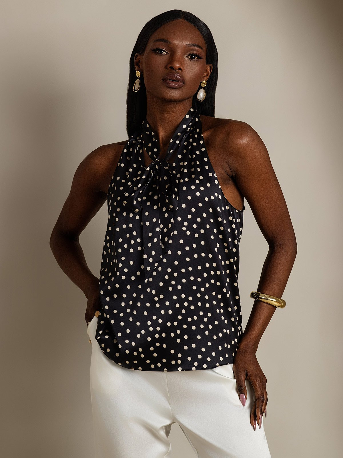 SilkSilky  19Momme Silk Sleeveless Tie Neck Women's Shirt Black+White 004