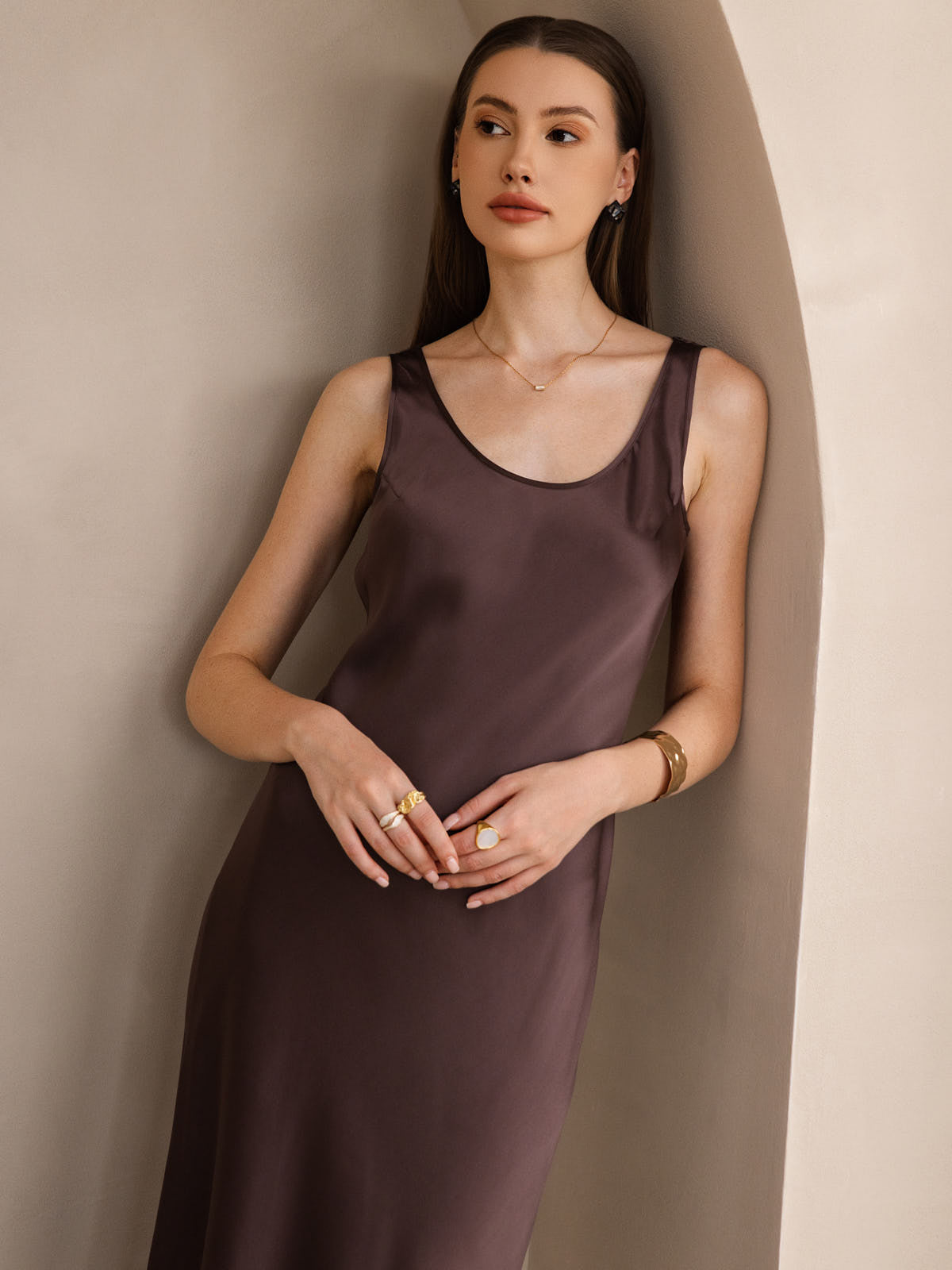 [Coffee] SilkSilky  Pure Silk Boat Neck Dress 003