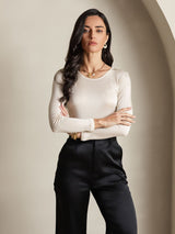 [Beige] SilkSilky  Silk Jersey Long Sleeve Round Neck Women's T-Shirt 005