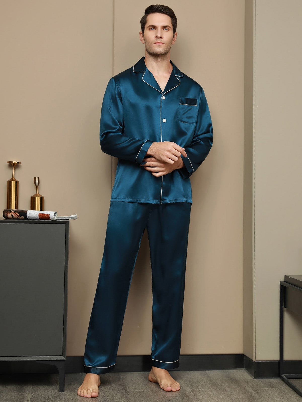 SilkSilky US 19Momme Pure Silk Long Sleeve Lapel Men's Pajamas Teal 001