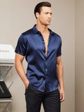 SilkSilky US Silk Blend Short Sleeve Collar Men's Shirt DarkBlue 007