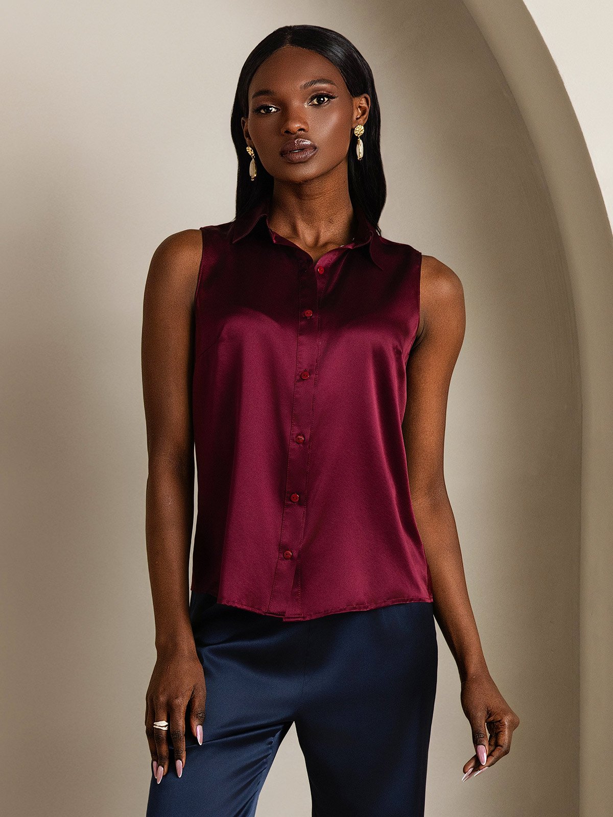 SilkSilky 19Momme Silk Sleeveless Collar Women's Shirt DarkRed 001