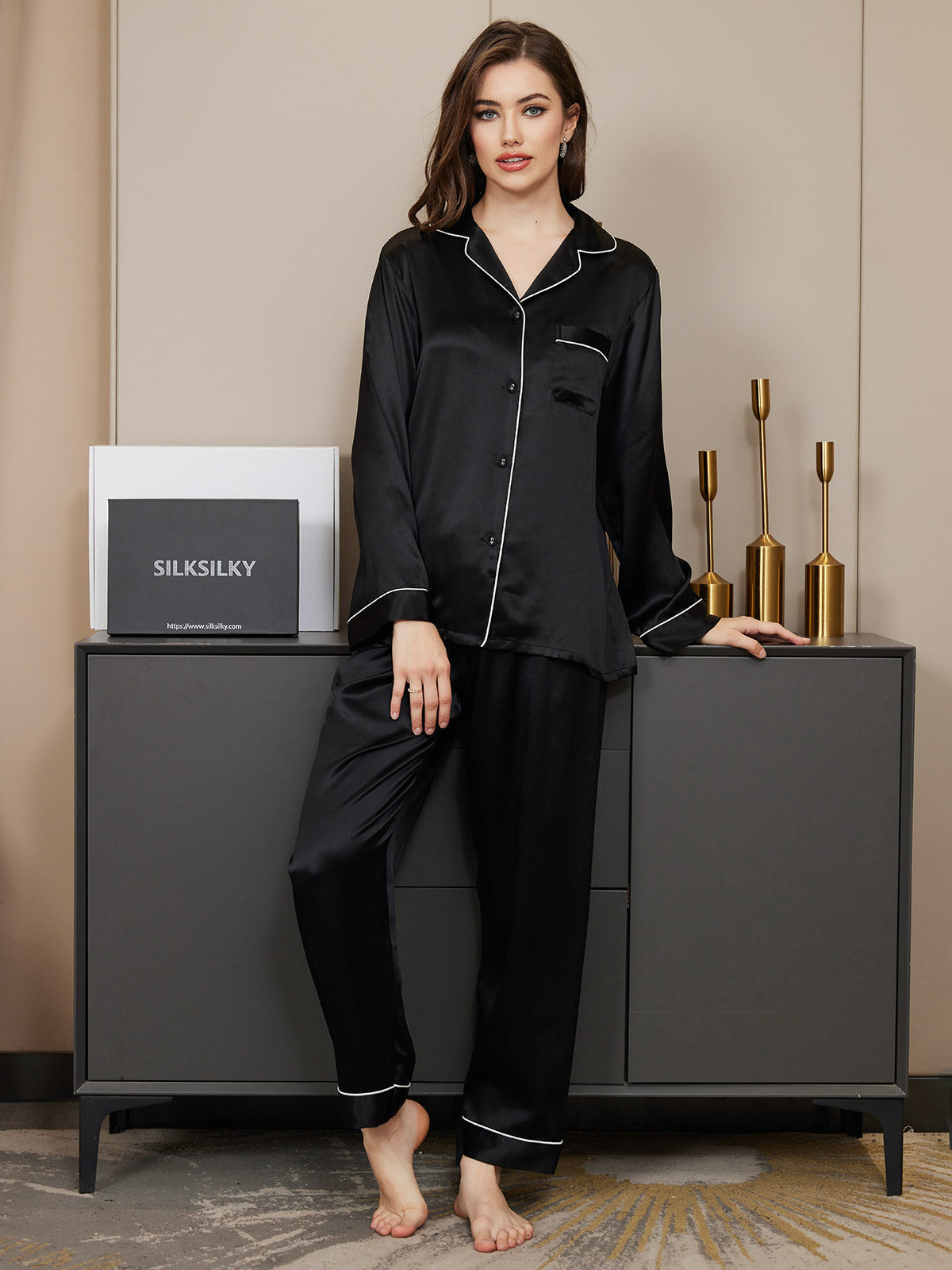 [Black] SilkSilky  22Momme Pure Silk Womens Pajamas 005