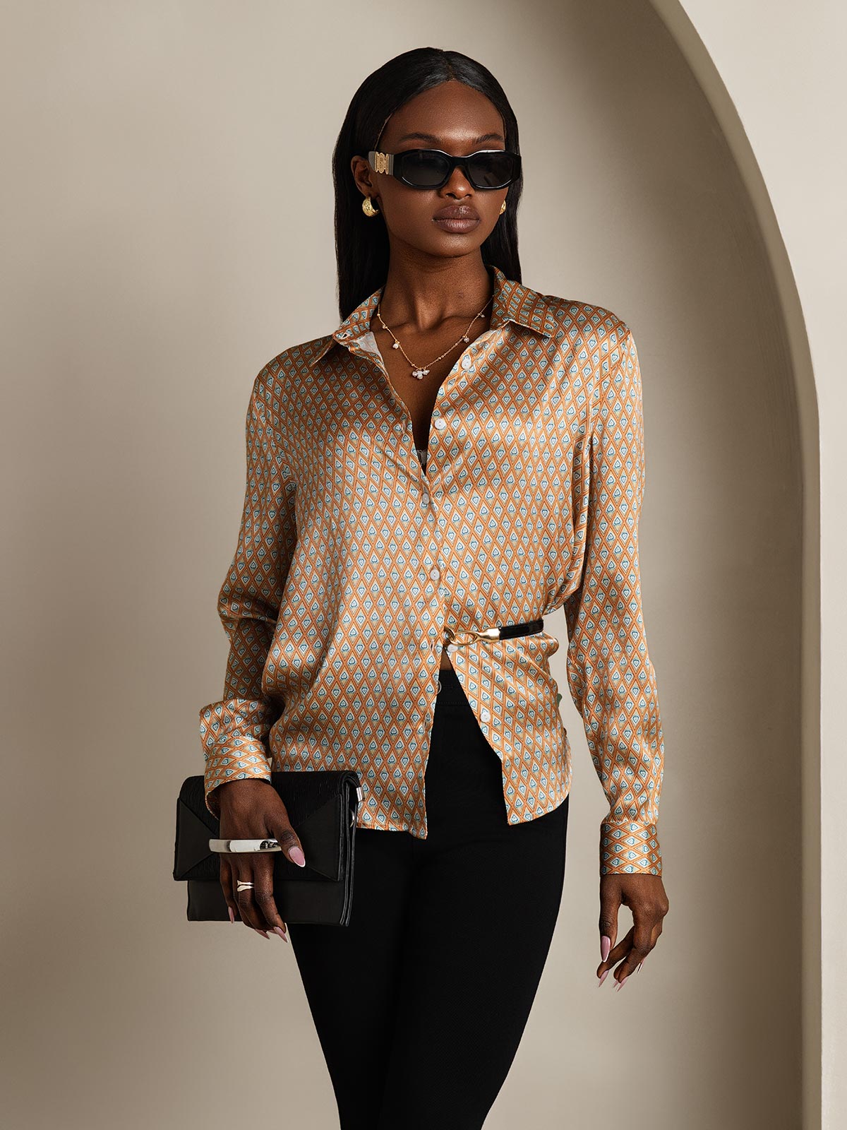 [Floral] SilkSilky  Silk Lapel Collar Women's Shirt 006