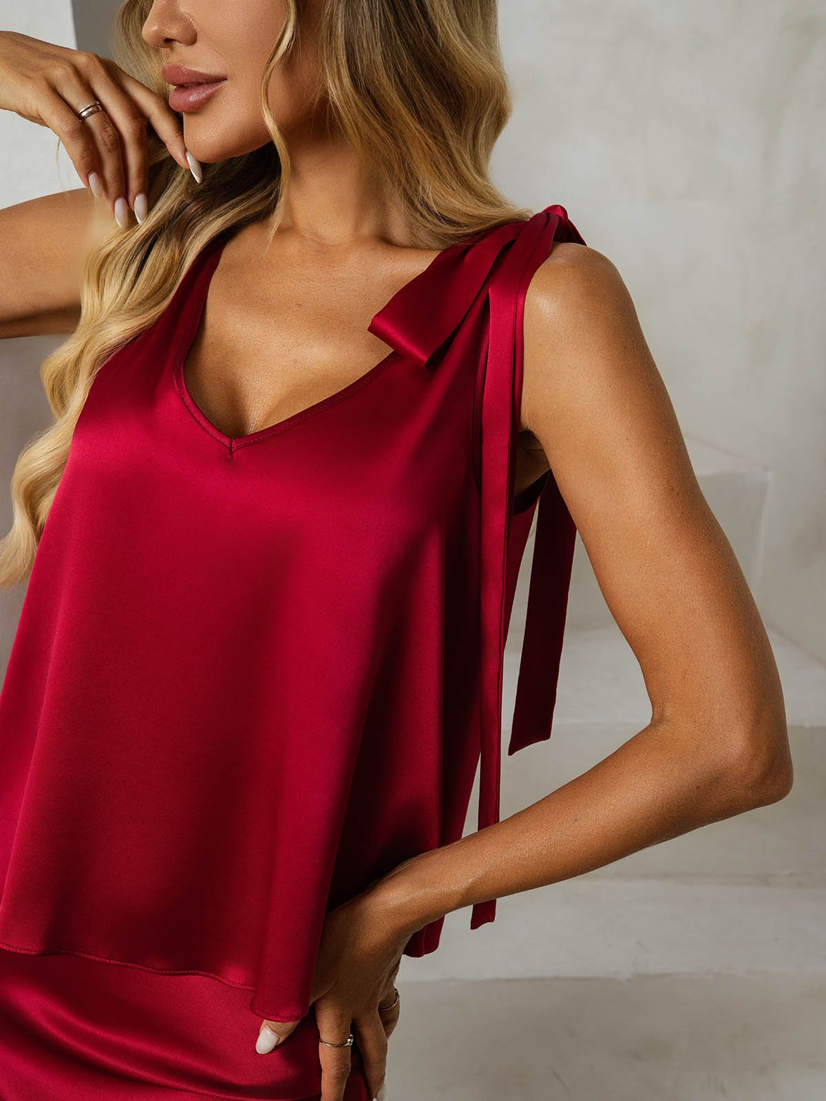 [Wine] SilkSilky 19Momme Silk V Neck Women''s Outfit Sets 003