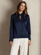 [Dark Blue] SilkSilky  19Momme Silk Keyhole Neck Women's Shirt 005