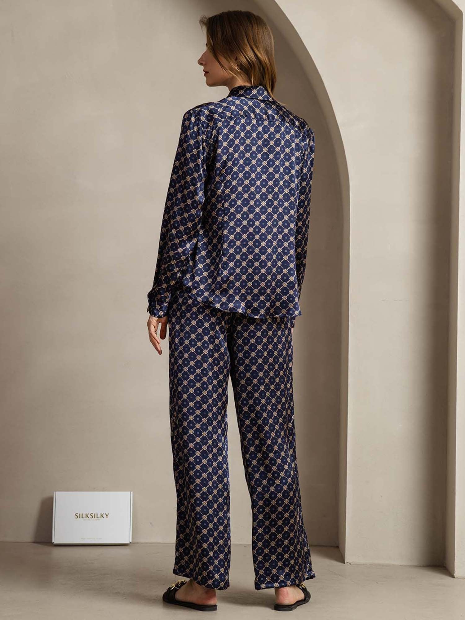 [Navy Chain] SilkSilky  19Momme Silk Lapel Collar Women''s Outfit Sets 002