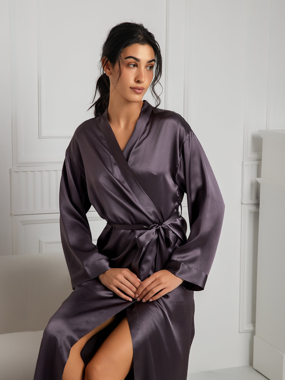 SilkSilky  Pure Silk Long Sleeve Womens Robe PurpleGray 006