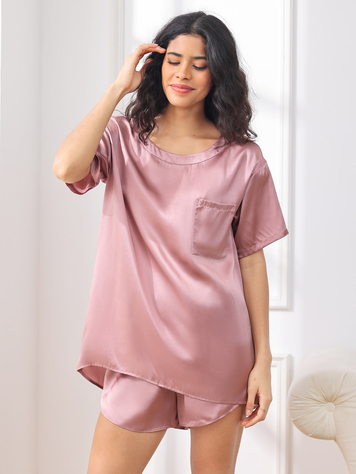 Silksilky Half Sleeve Lace Silky Pyjamas Set Pure Silk Pajamas