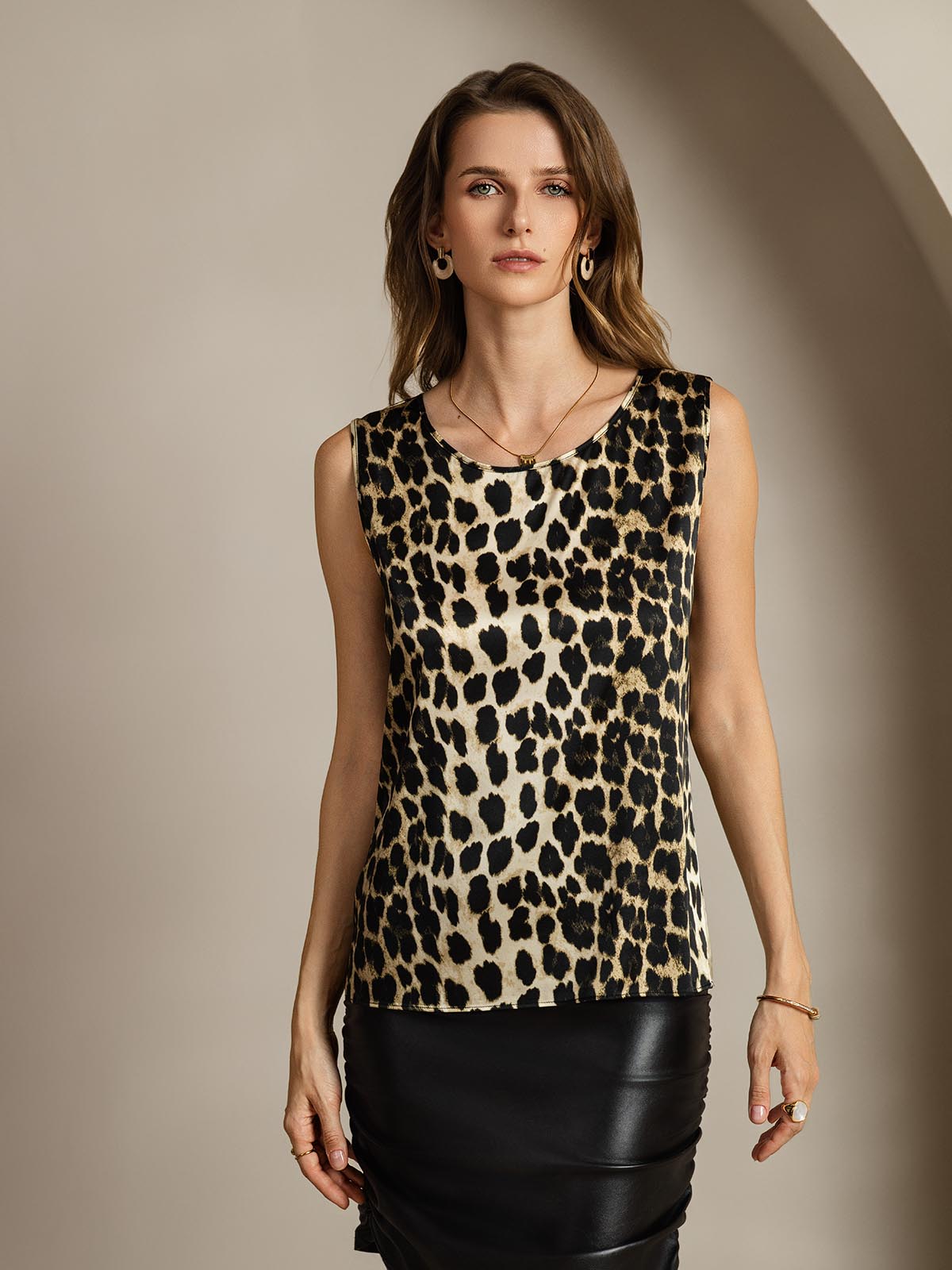 [Leopard] SilkSilky  19Momme Silk Round Neck Camisole Top 001