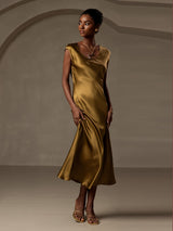 [Brown] SilkSilky  19Momme Stretch Silk Charmeuse Cap Sleeve Scoop Neck Dress 006