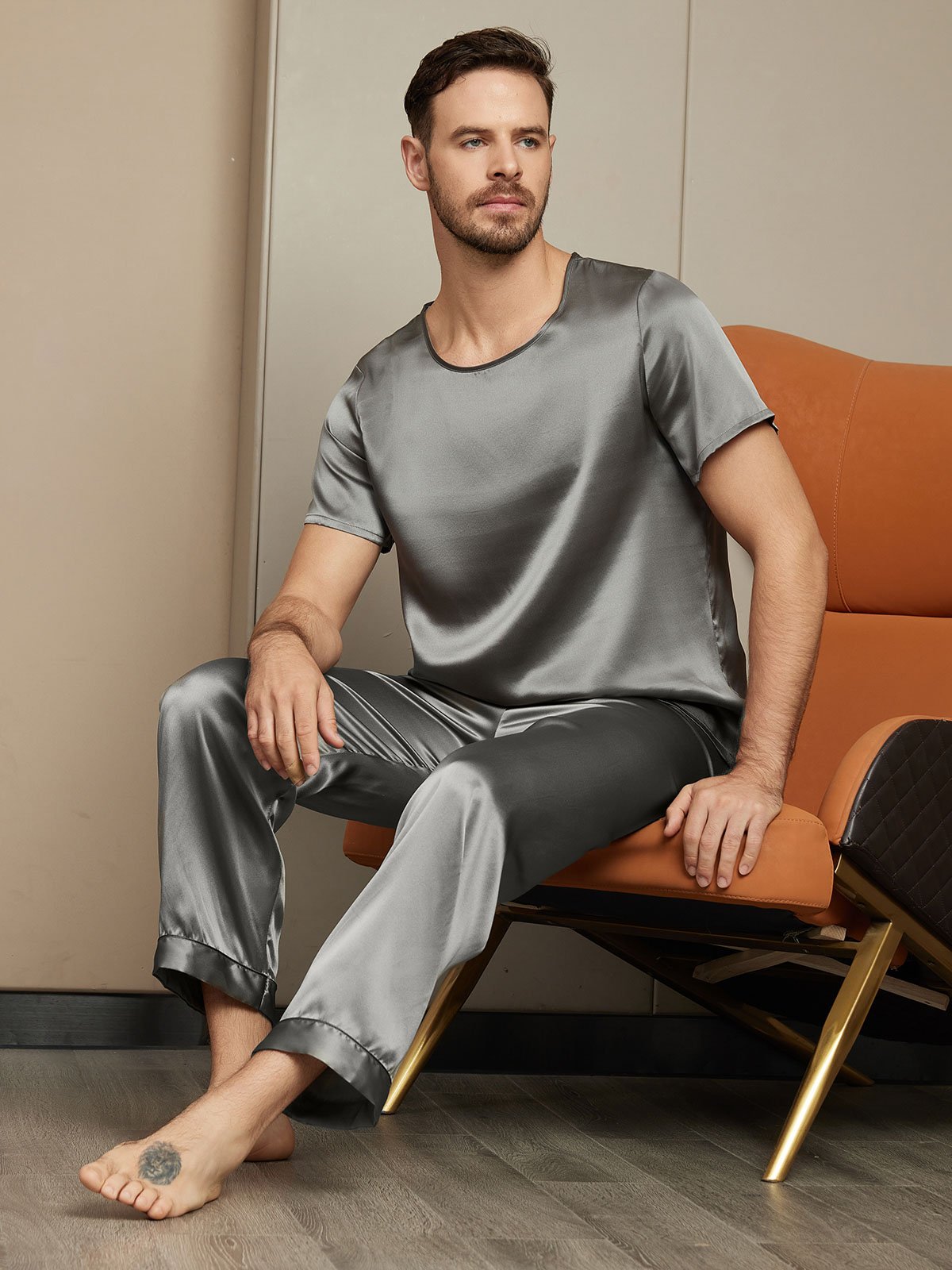 SilkSilky US Pure Silk Short Sleeve Round Neck Men's Pajamas DarkGray 004