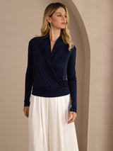 [Dark Blue] SilkSilky  Long Sleeve Wrap Women's Blouse 001