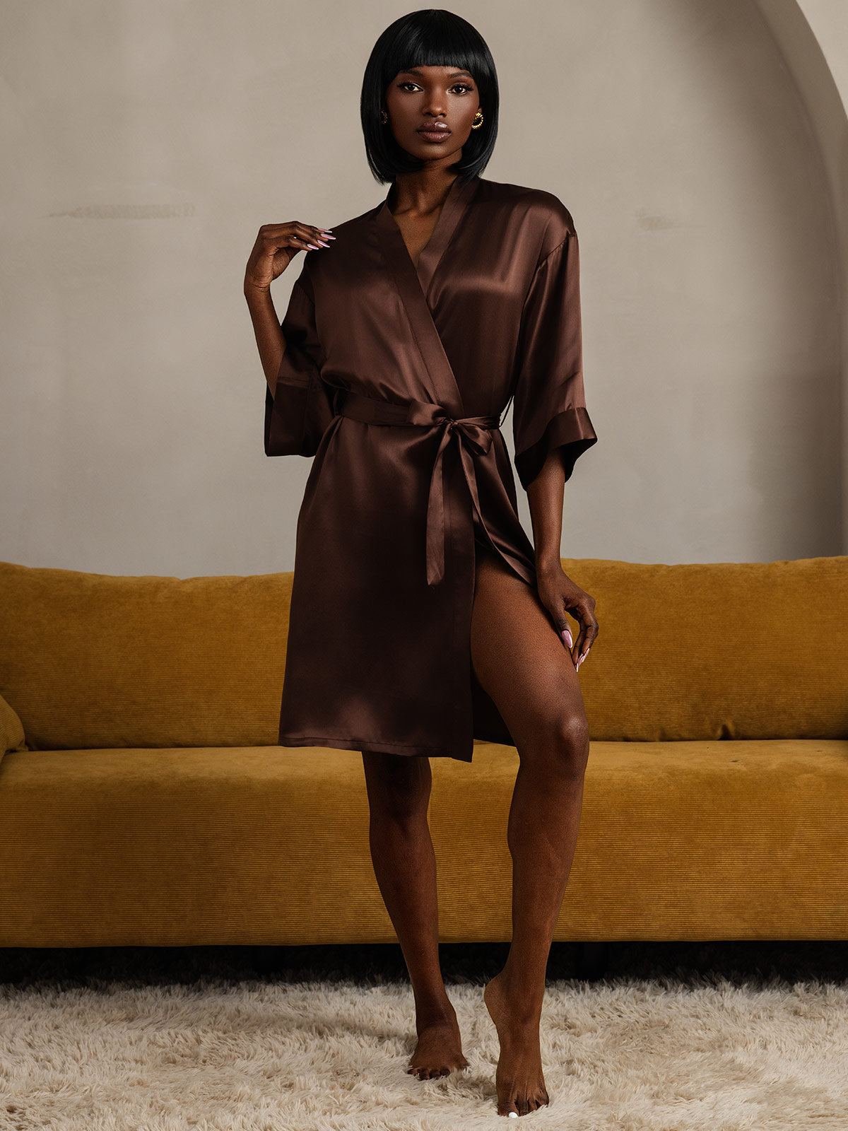 [Coffee] SilkSilky  Pure Silk Womens Robe 009