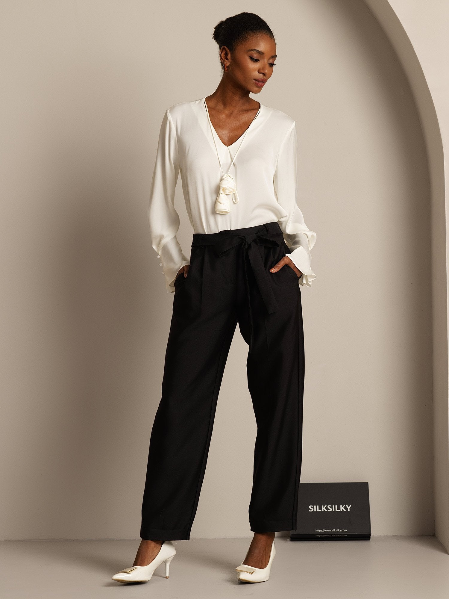 [Black] SilkSilky  32Momme Silk Womens Pants 007,