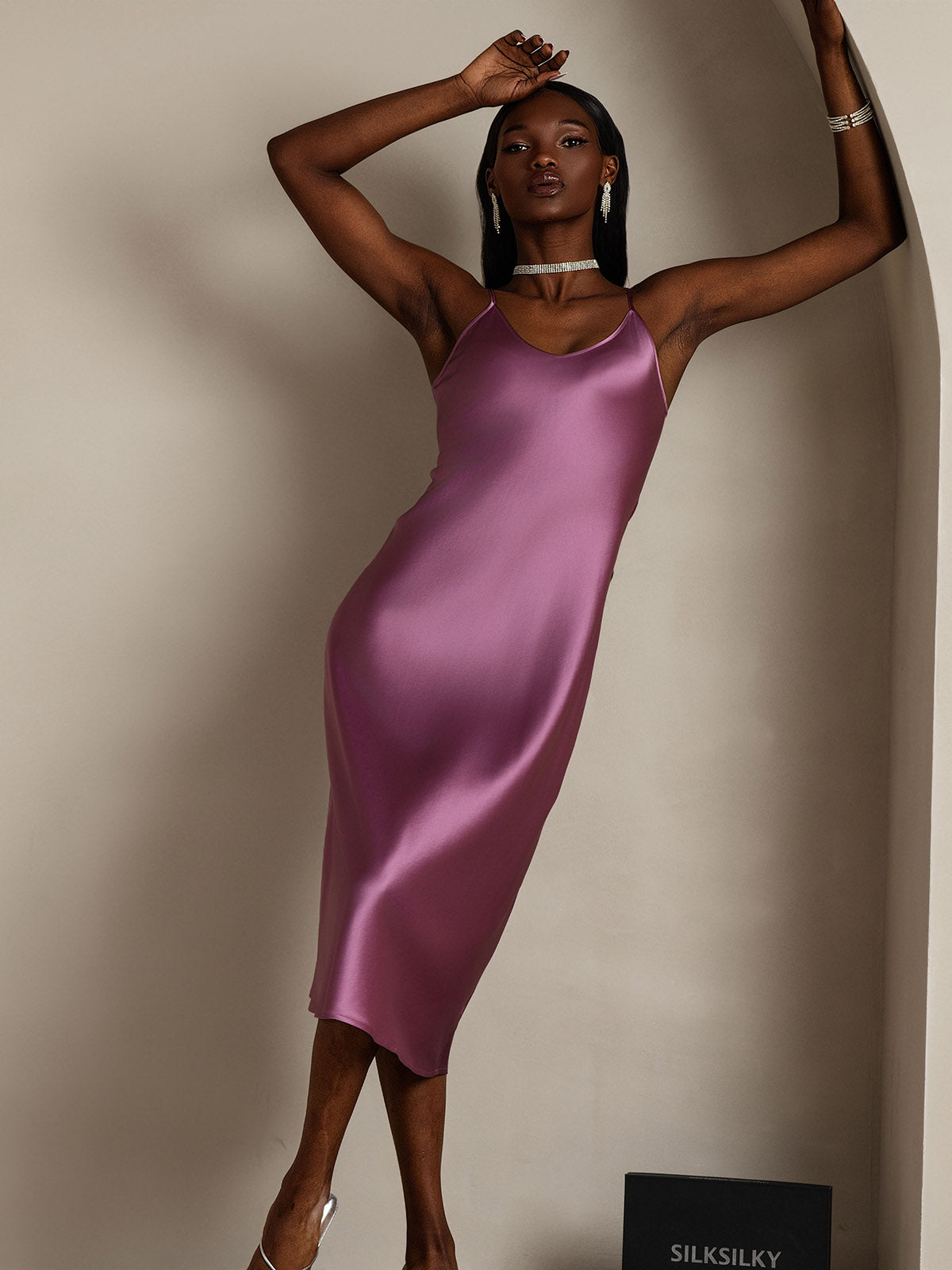 [Deep Purple] SilkSilky  Pure Silk Round Neck Dress 001