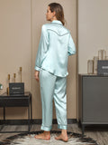 SilkSilky US 19Momme Pure Silk Long Sleeve Lapel Women's Pajamas LightBlue 002