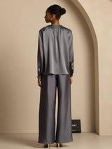 [Dark Gray] SilkSilky  19Momme Stretch Silk Charmeuse Long Sleeve Round Neck Blouse 002