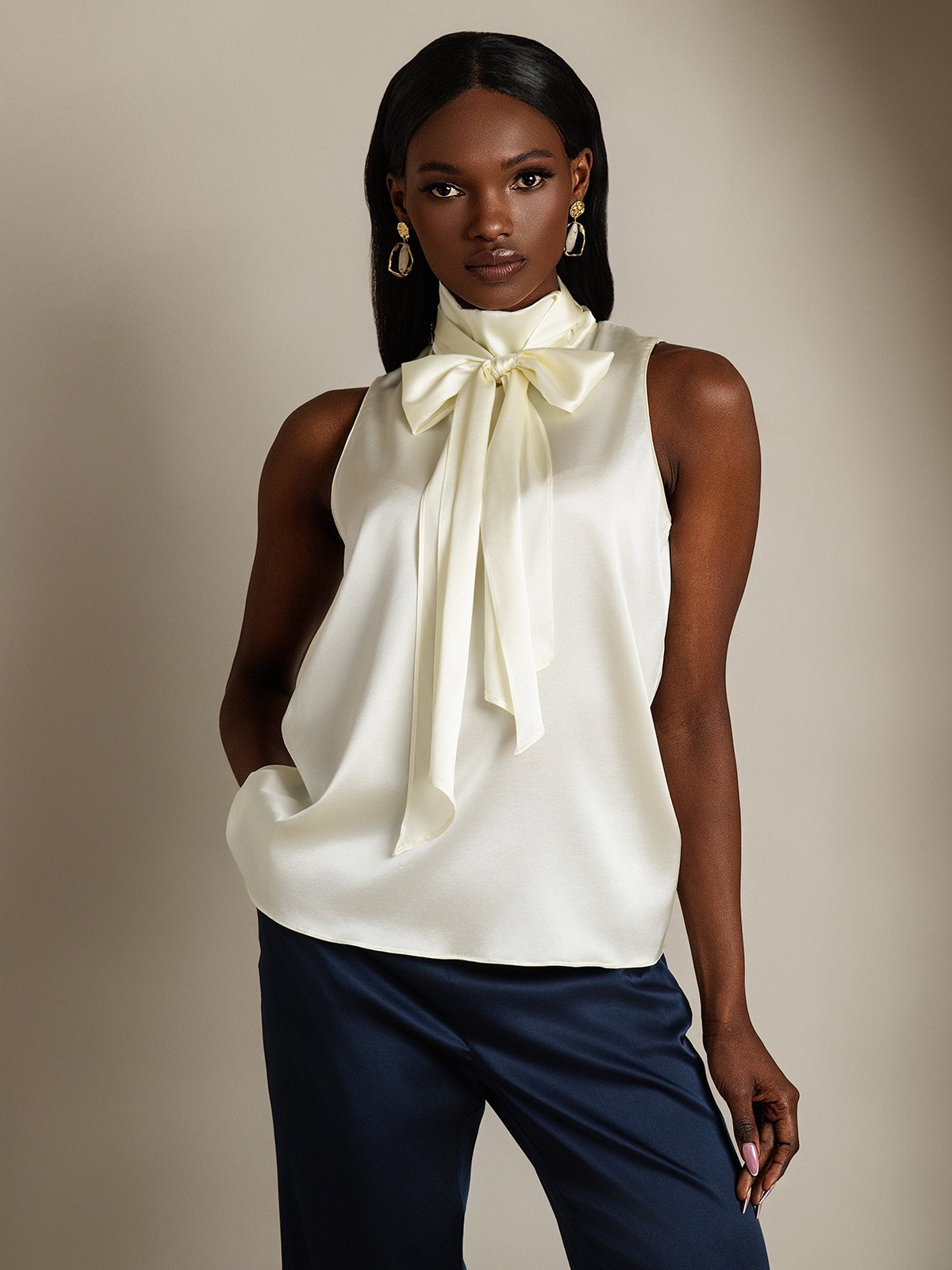 SilkSilky 19Momme Silk Tie Neck Women's Shirt Ivory 004