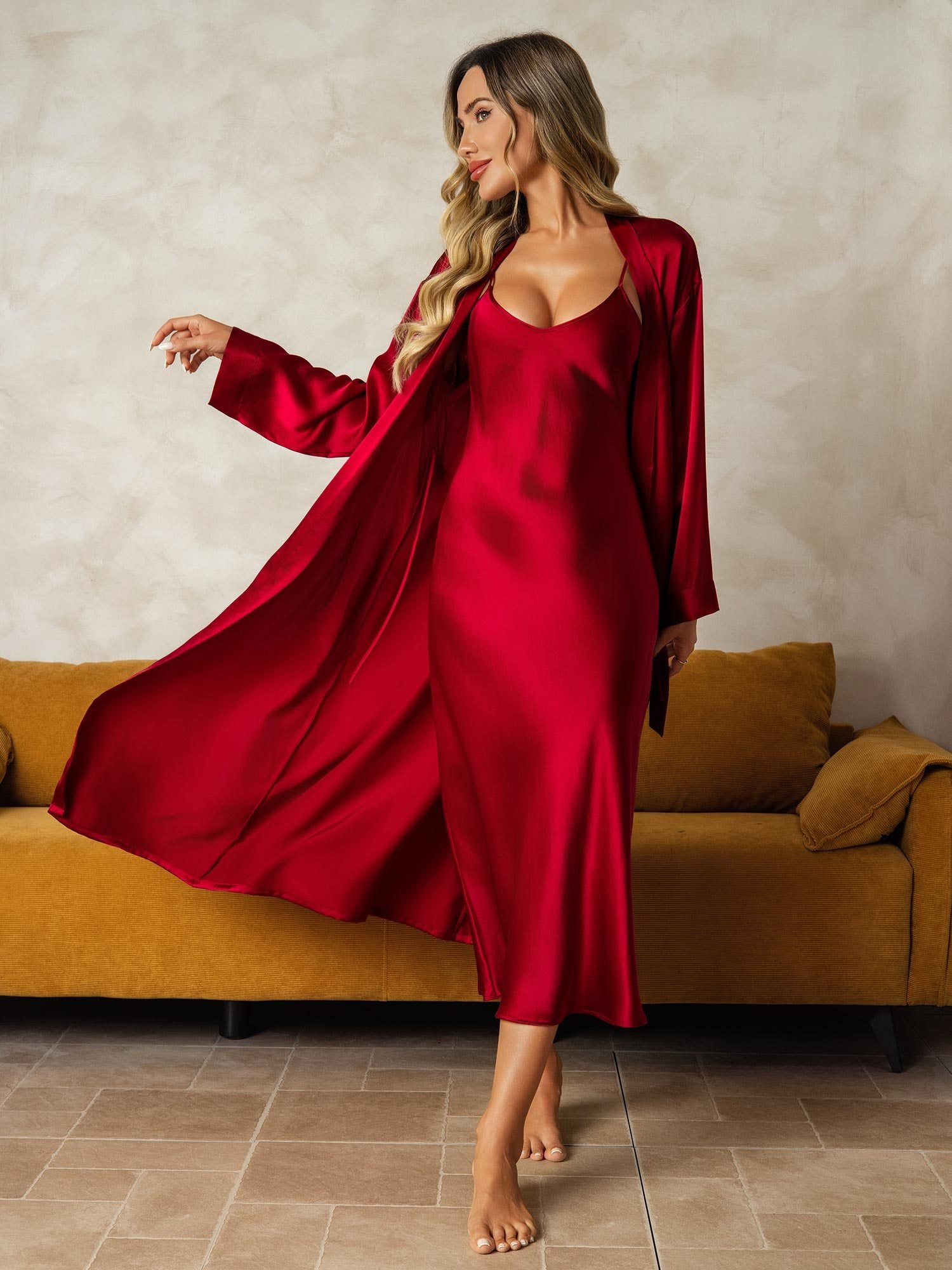 [Wine] SilkSilky Pure Silk Wrap Nightgown&Robe Set 001