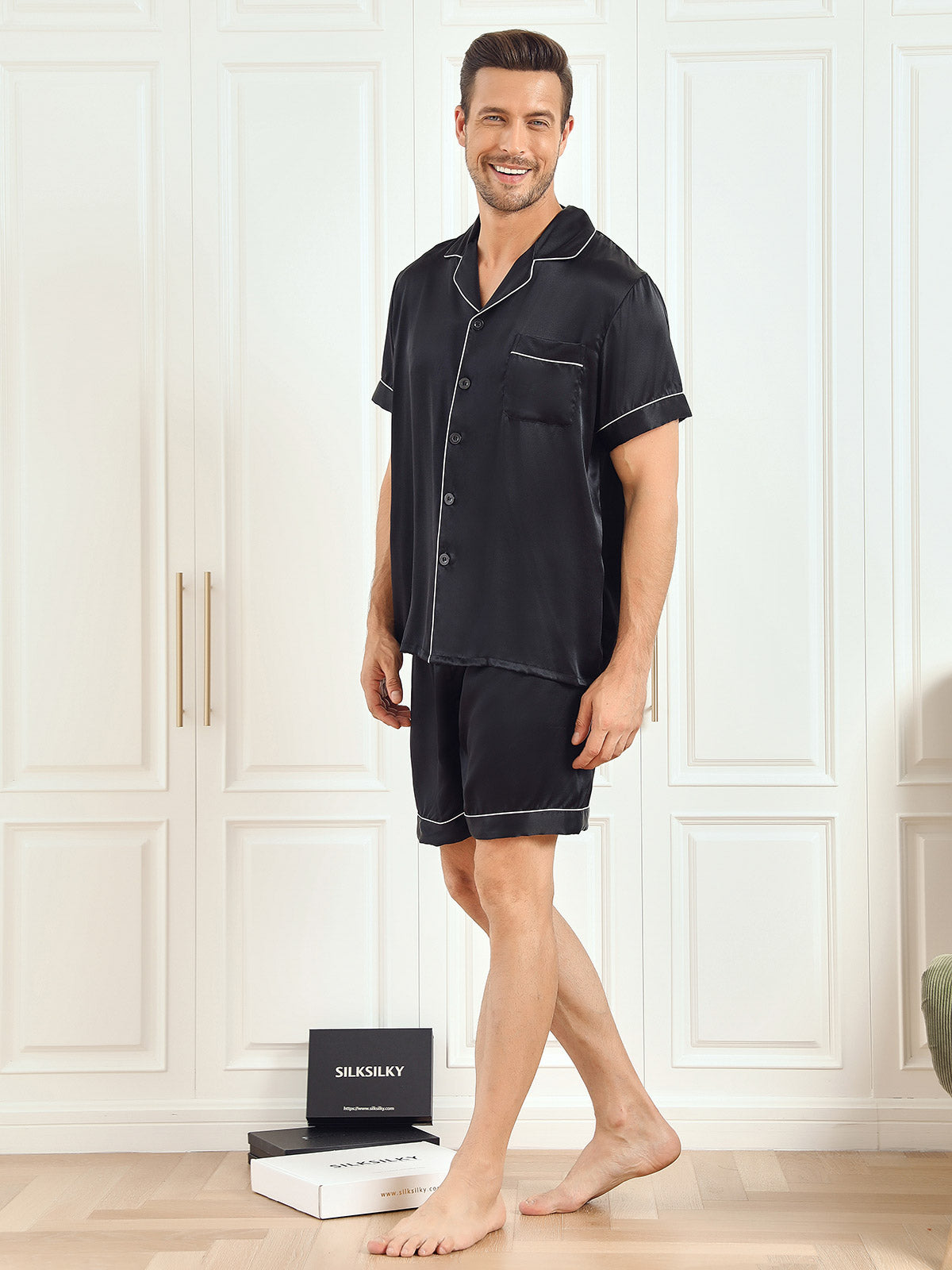 SilkSilky US Pure Silk Short Sleeve Mens Pajamas Black 004